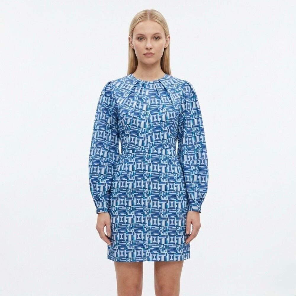 Toccin NY 4 Blue Geometric Abstract Print Long Puff Sleeve Pleated Mini Dress